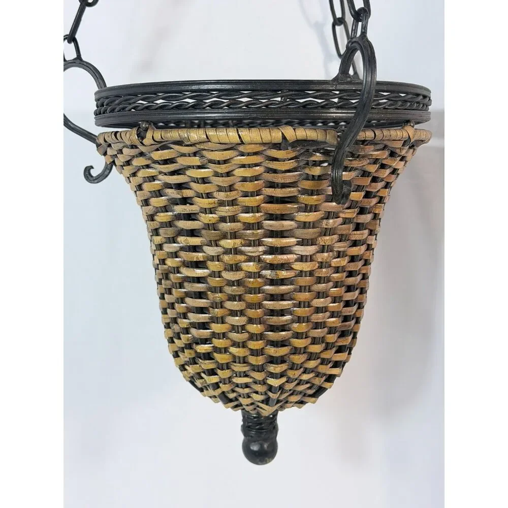 VTG Rattan Metal Bell Shaped Hanging Planter Woven Brown Embellished Decor
